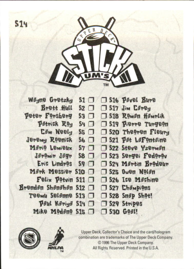 1996-97 Collector's Choice Stick'Ums #S14 Paul Kariya back image