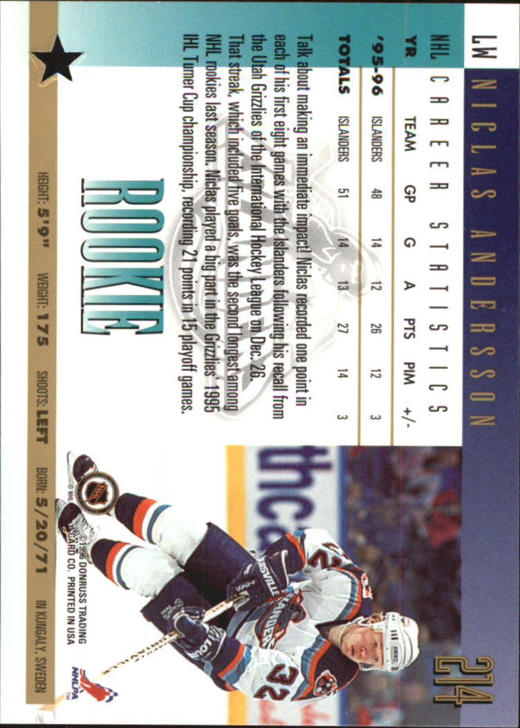 1996-97 Donruss Press Proofs #214 Niclas Andersson back image