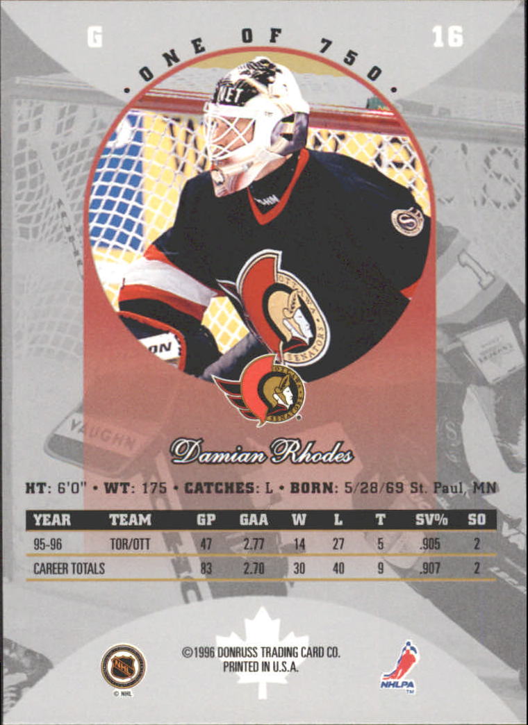 1996-97 Donruss Canadian Ice Red Press Proofs #16 Damian Rhodes back image