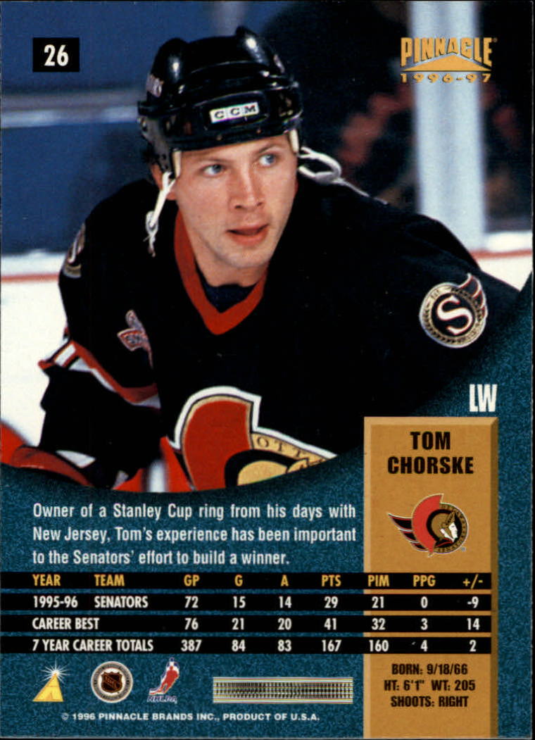 1996-97 Pinnacle #26 Tom Chorske back image