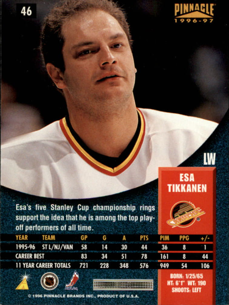 1996-97 Pinnacle #46 Esa Tikkanen back image