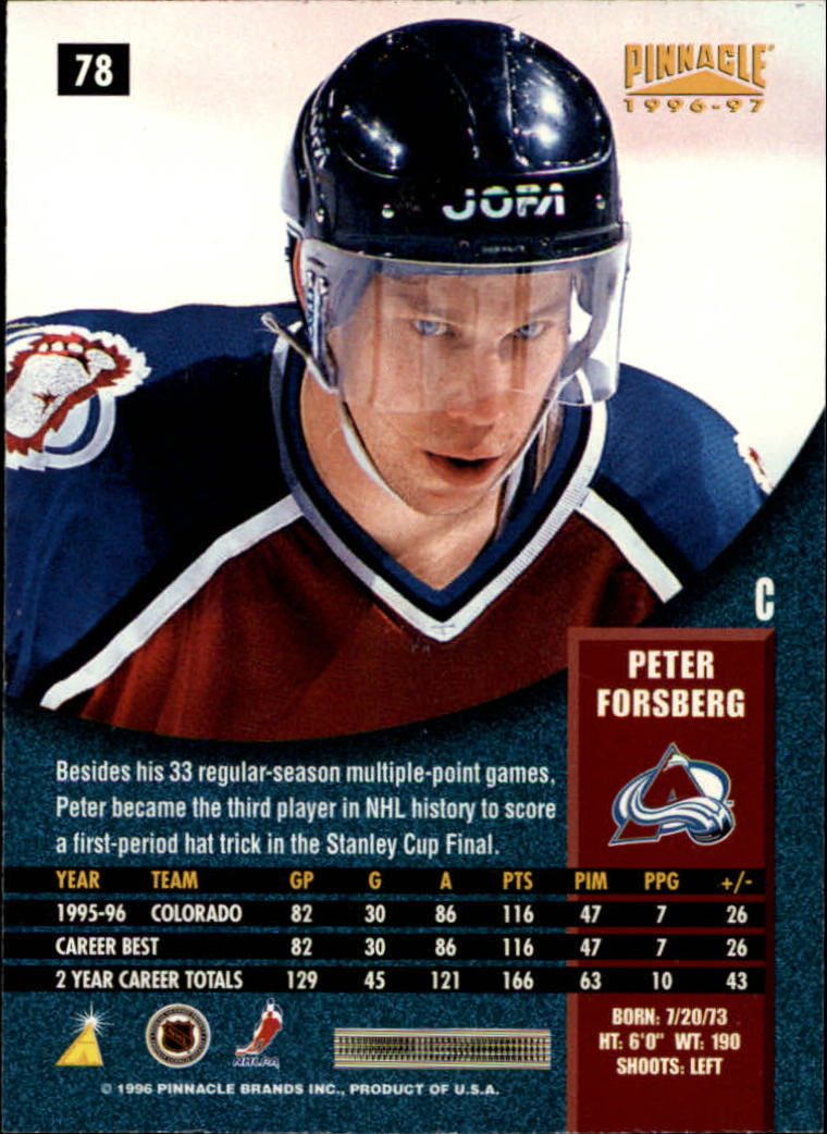 1996-97 Pinnacle #78 Peter Forsberg back image
