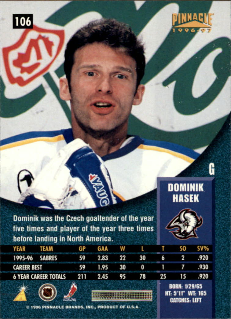 1996-97 Pinnacle #106 Dominik Hasek back image