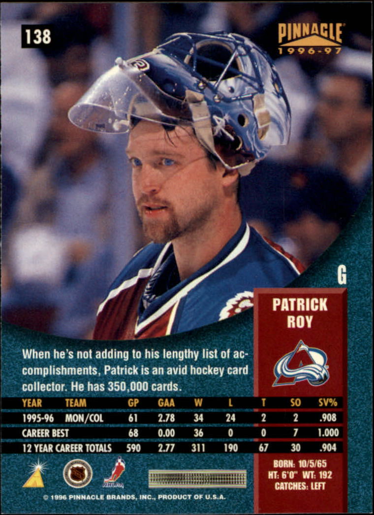 1996-97 Pinnacle #138 Patrick Roy back image