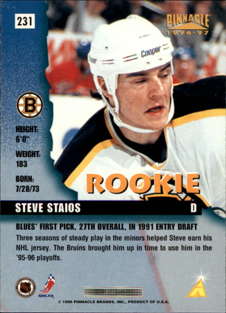 1996-97 Pinnacle #231 Steve Staios RC back image