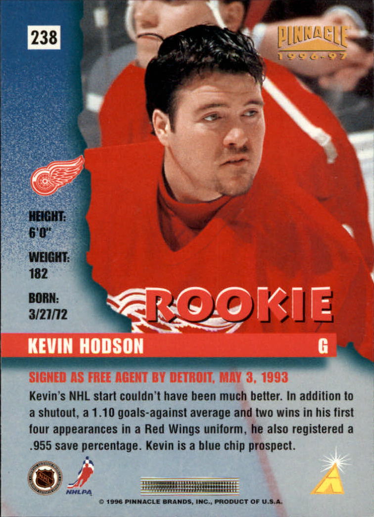 1996-97 Pinnacle #238 Kevin Hodson RC back image