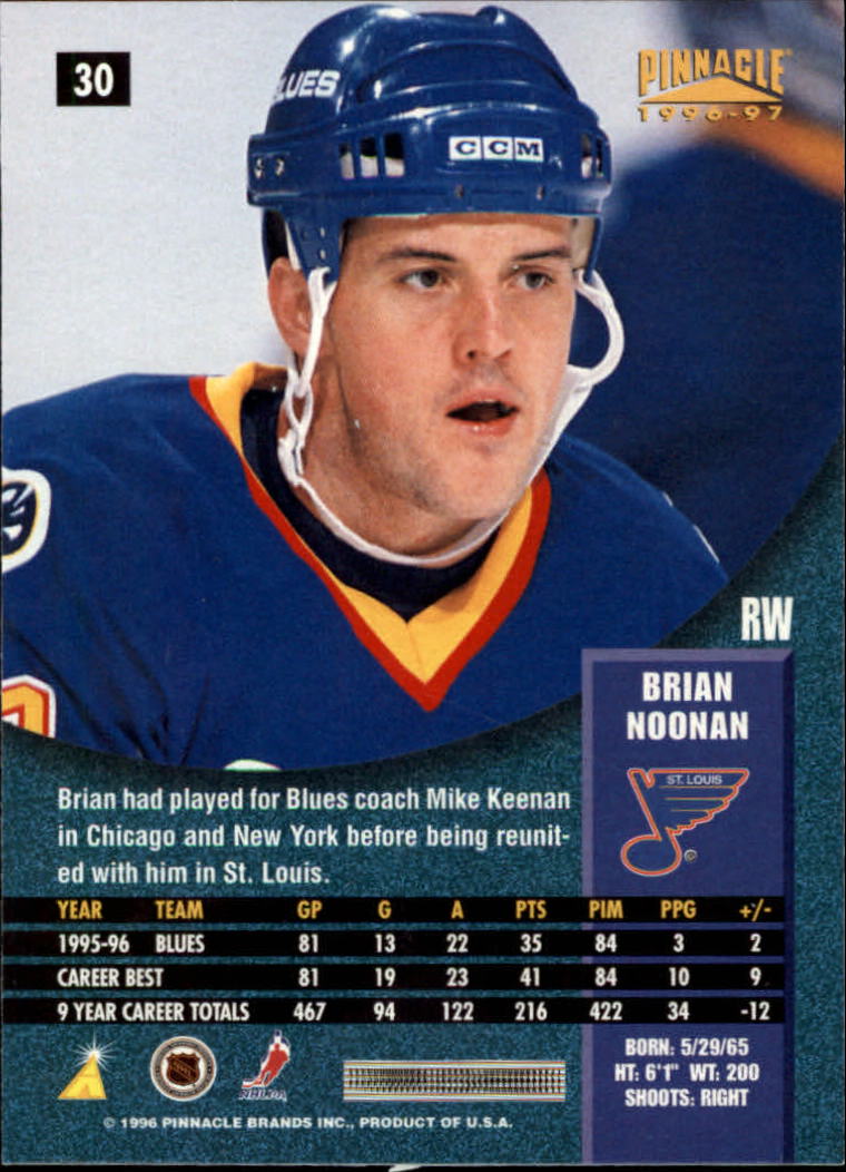 1996-97 Pinnacle Premium Stock #30 Brian Noonan back image