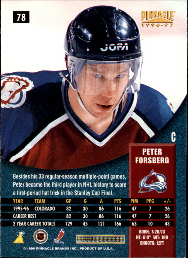 1996-97 Pinnacle Premium Stock #78 Peter Forsberg back image
