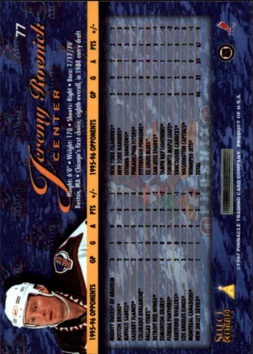 1996-97 Select Certified #77 Jeremy Roenick back image