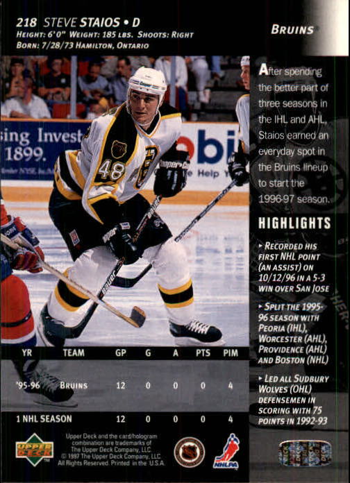 1996-97 Upper Deck #218 Steve Staios RC back image