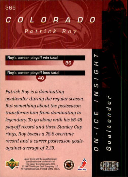 1996-97 Upper Deck #365 Patrick Roy OII back image