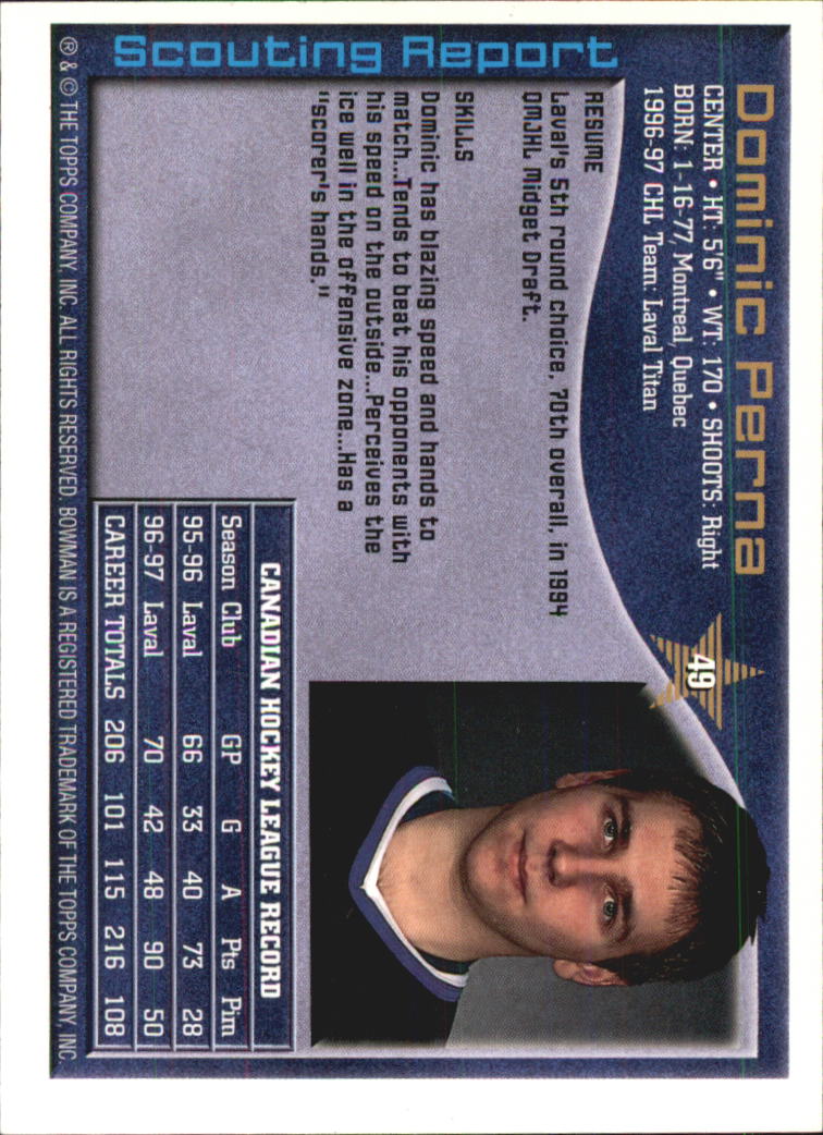 A2809- 1997 Bowman Chl Hockey Karten 1-160 + Rookies -du Pick- 15 + Gratis US - Bild 93 von 306