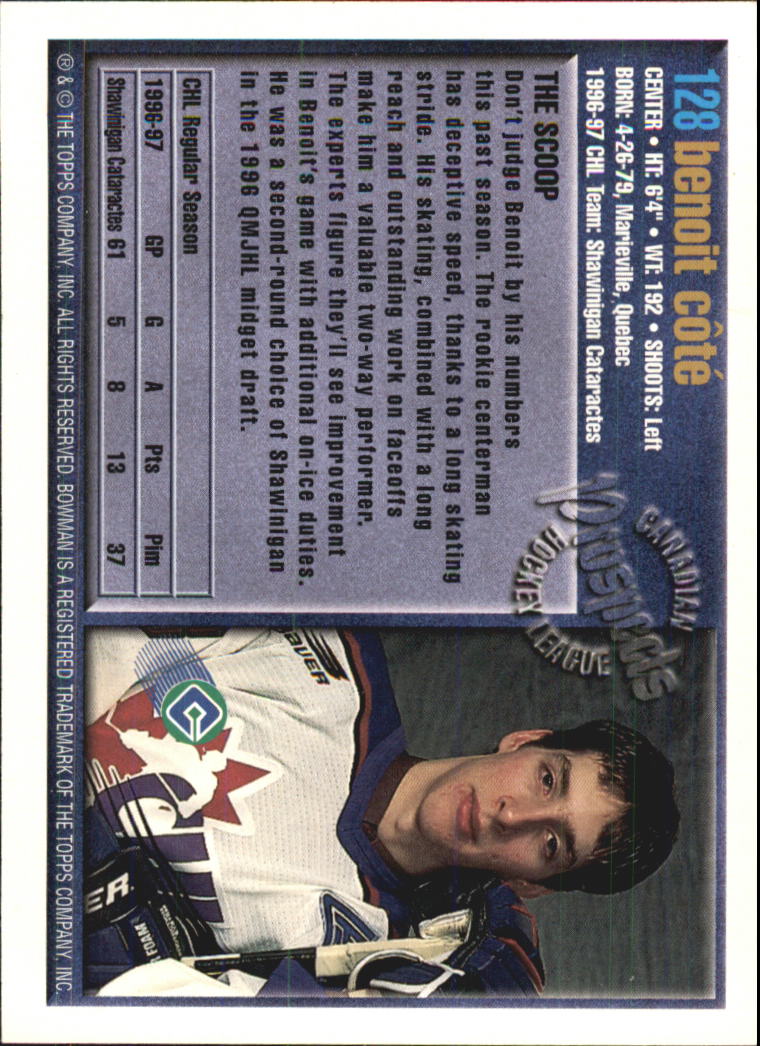 A2809- 1997 Bowman Chl Hockey Karten 1-160 + Rookies -du Pick- 15 + Gratis US - Bild 239 von 306
