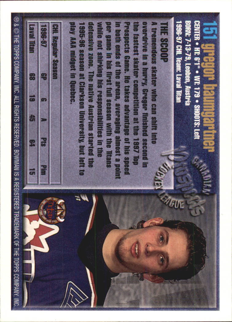 1997 Bowman CHL #151 Gregor Baumgartner TP back image