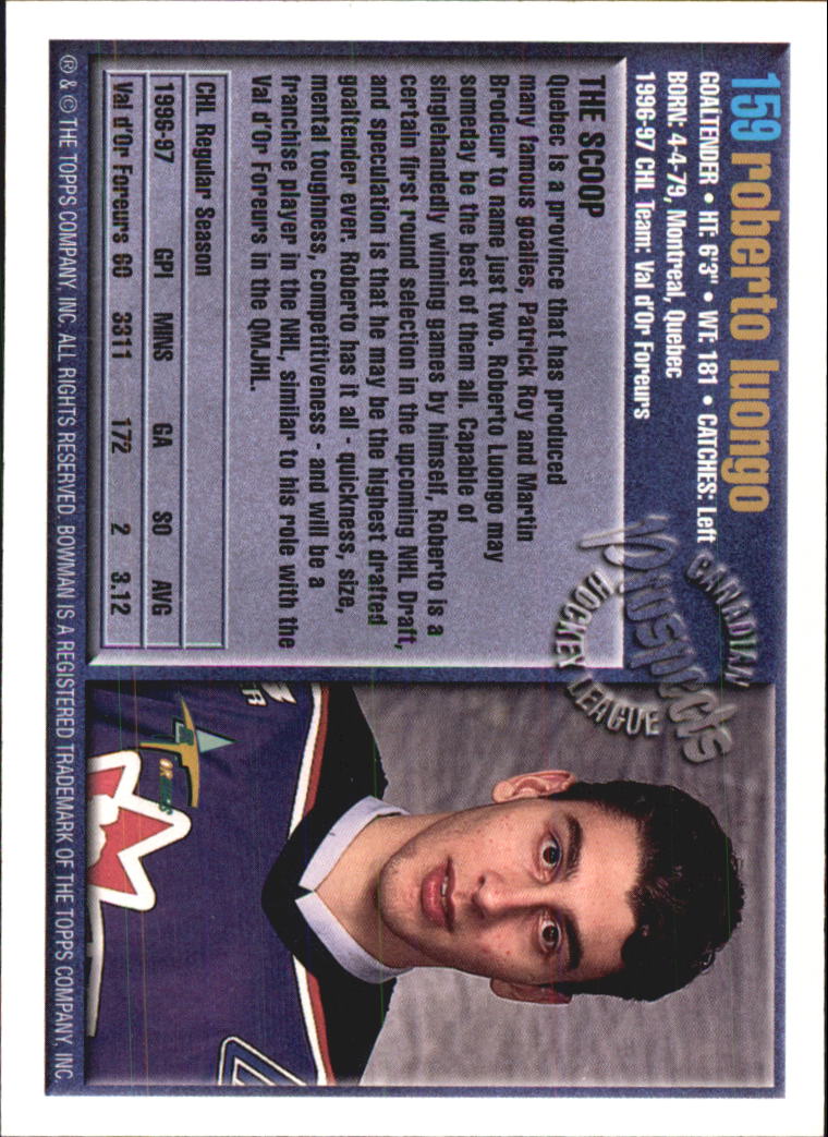 1997 Bowman CHL #159 Roberto Luongo TP back image