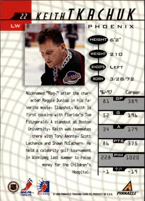 1997-98 Be A Player #22 Keith Tkachuk back image