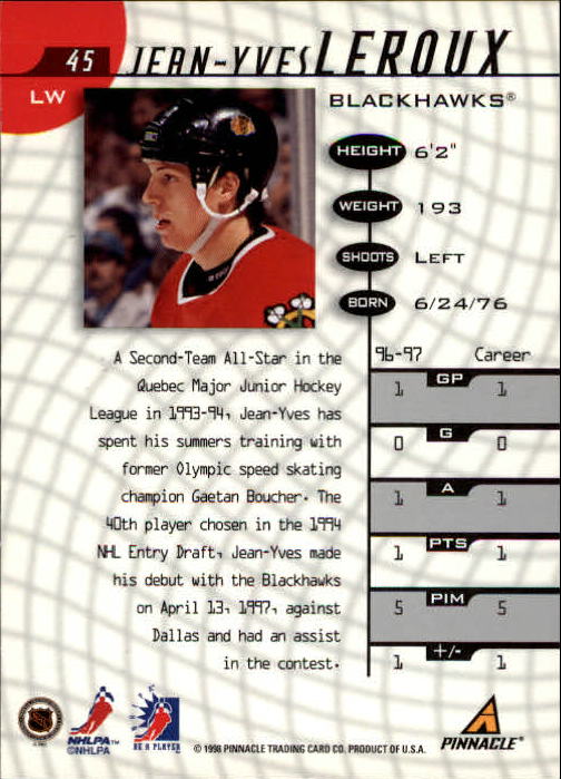 1997-98 Be A Player #45 Jean-Yves Leroux RC back image