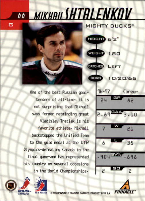 1997-98 Be A Player #66 Mikhail Shtalenkov back image