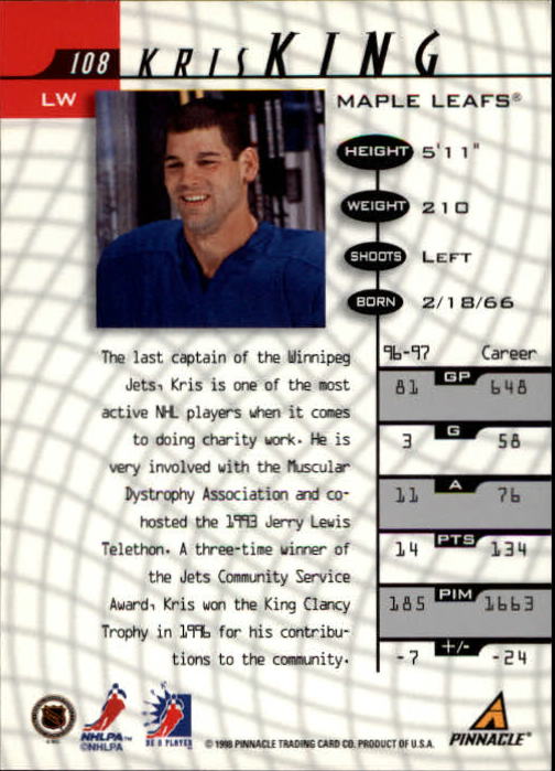 1997-98 Be A Player #108 Kris King back image