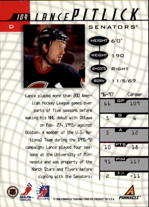 1997-98 Be A Player #109 Lance Pitlick RC back image