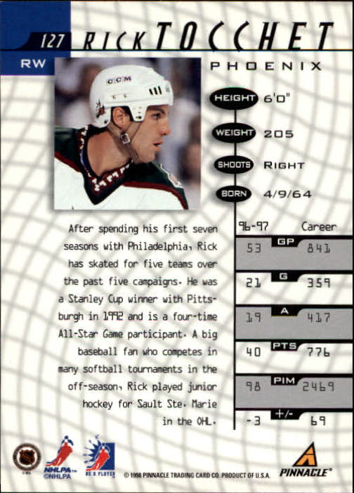 1997-98 Be A Player #127 Rick Tocchet back image