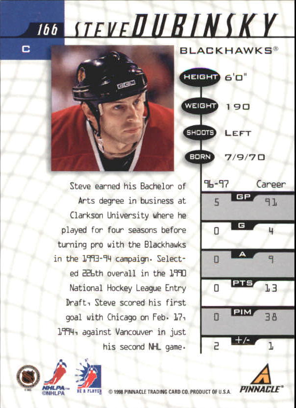1997-98 Be A Player Autographs #166 Steve Dubinsky back image