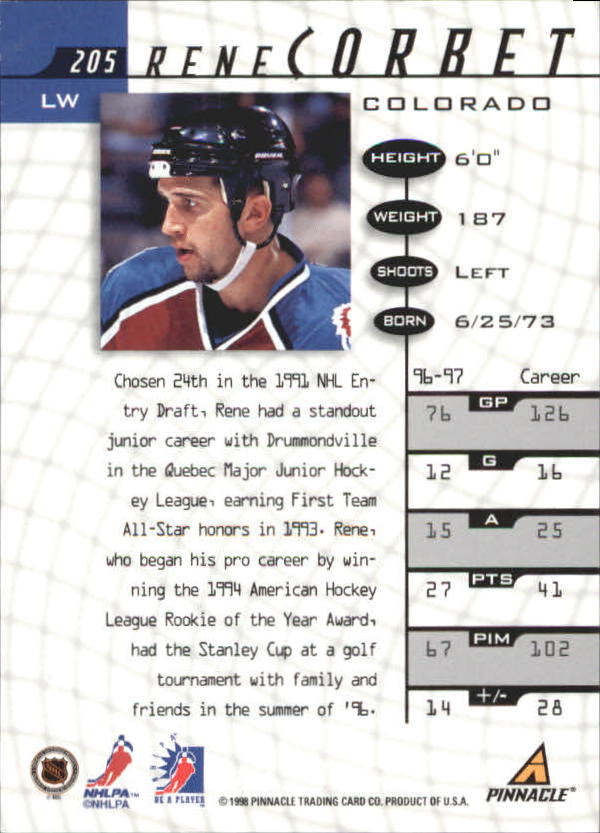 1997-98 Be A Player Autographs #205 Rene Corbet back image