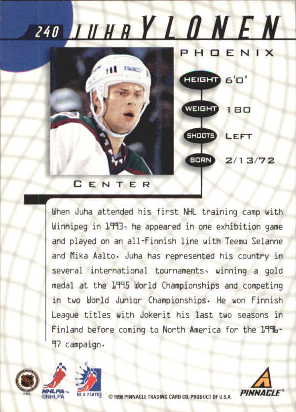 1997-98 Be A Player Autographs #240 Juha Ylonen back image