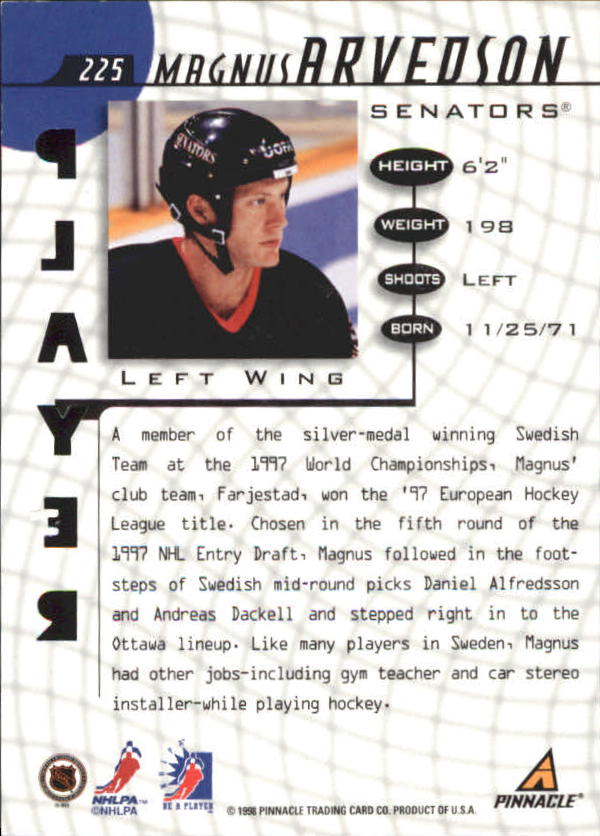 1997-98 Be A Player Autographs Die Cut #225 Magnus Arvedson back image
