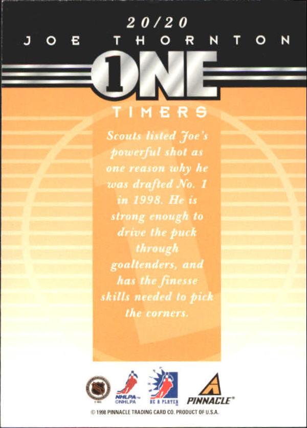 1997-98 Be A Player One Timers #20 Joe Thornton back image