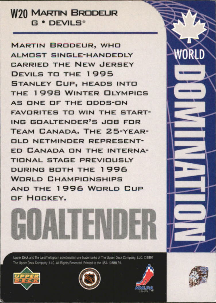 1997-98 Collector's Choice World Domination #W20 Martin Brodeur back image