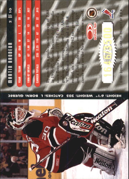 1997-98 Donruss Between the Pipes #2 Martin Brodeur back image