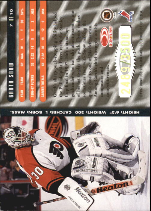 1997-98 Donruss Between the Pipes #7 Garth Snow back image