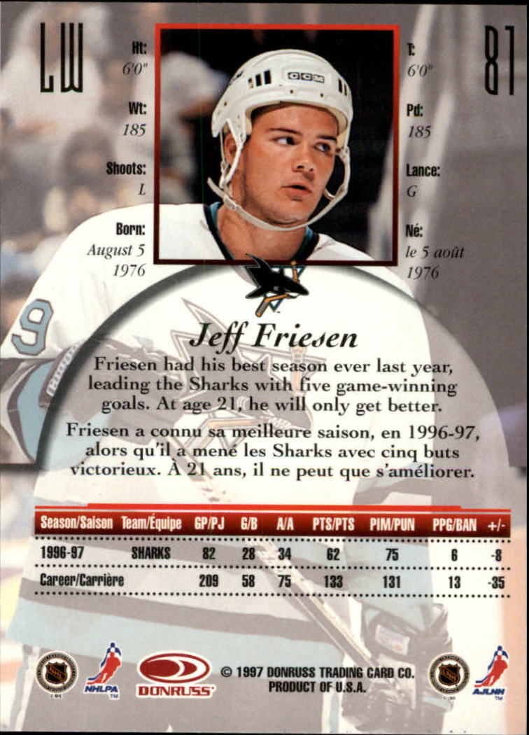 1997-98 Donruss Canadian Ice #81 Jeff Friesen back image