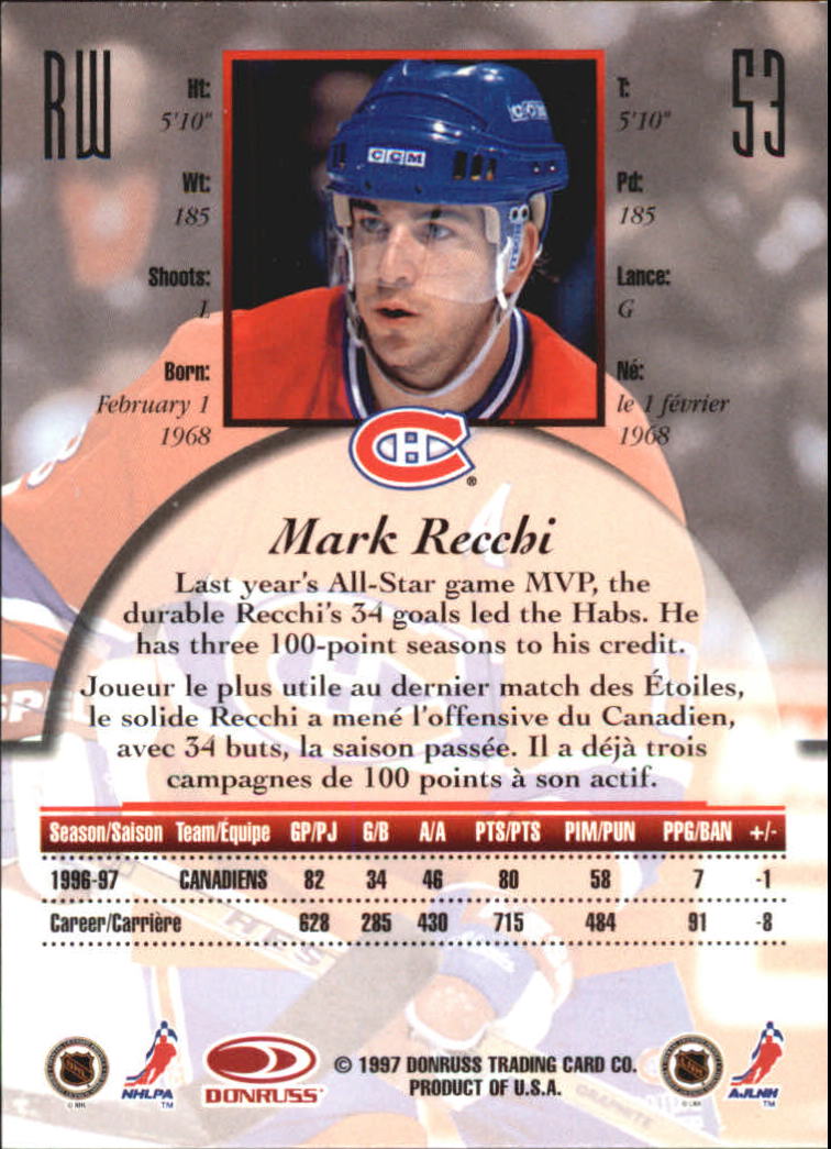1997-98 Donruss Canadian Ice Dominion Series #53 Mark Recchi back image