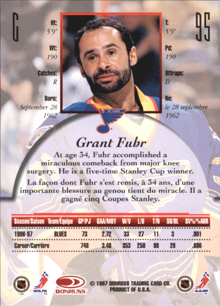 1997-98 Donruss Canadian Ice Dominion Series #95 Grant Fuhr back image