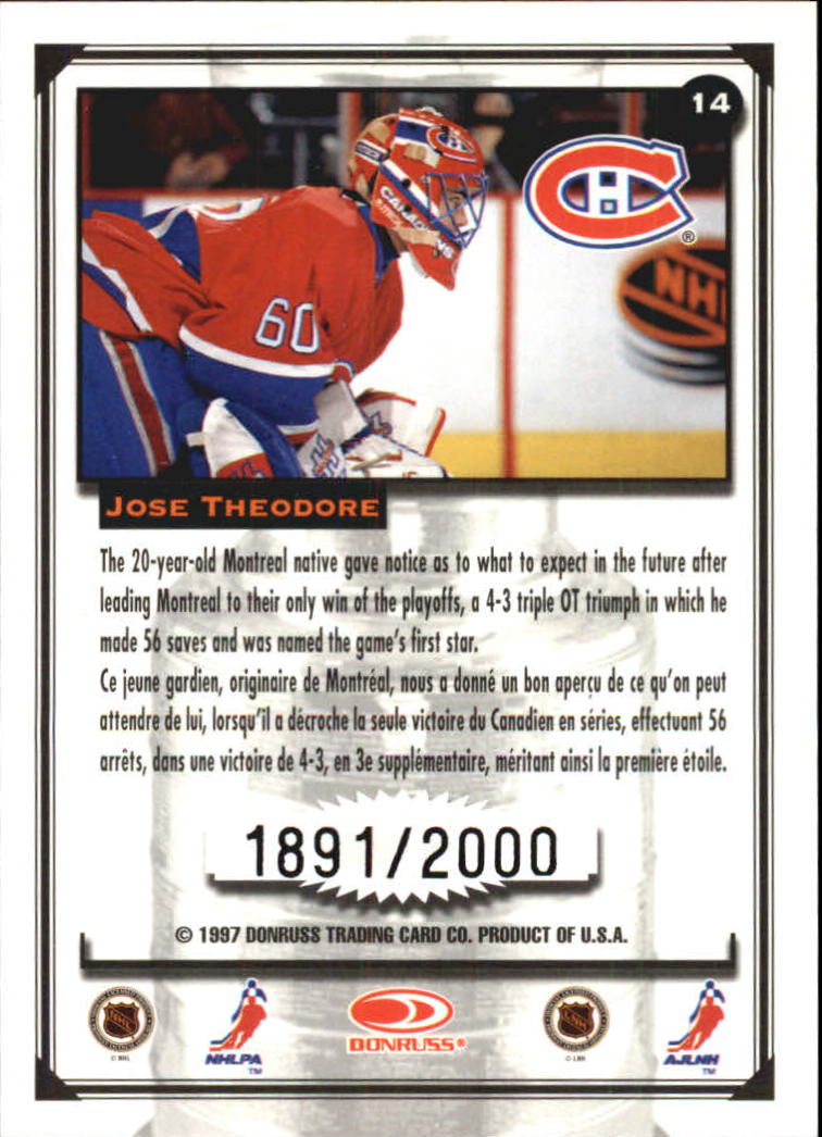 1997-98 Donruss Canadian Ice Stanley Cup Scrapbook #14 Jose Theodore Q back image
