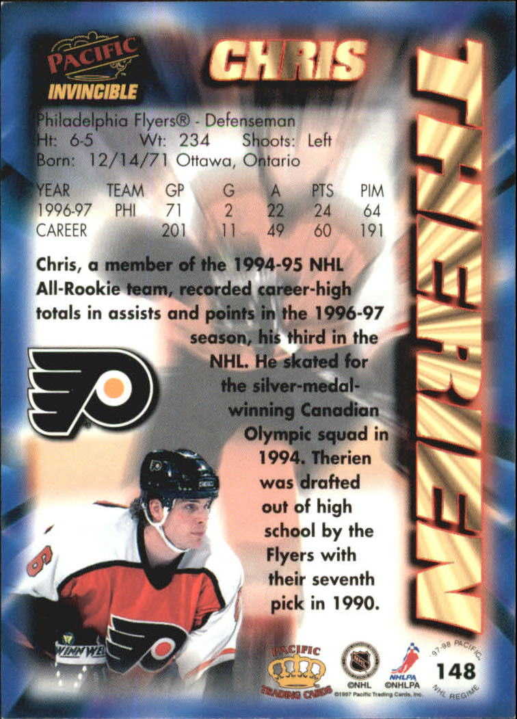1997-98 Pacific Invincible NHL Regime #148 Chris Therien back image
