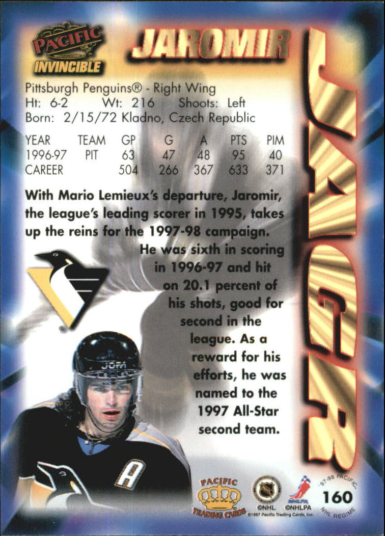 1997-98 Pacific Invincible NHL Regime #160 Jaromir Jagr back image