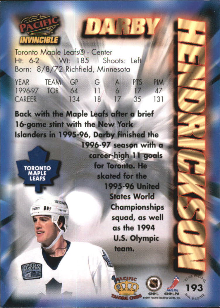 1997-98 Pacific Invincible NHL Regime #193 Darby Hendrickson back image