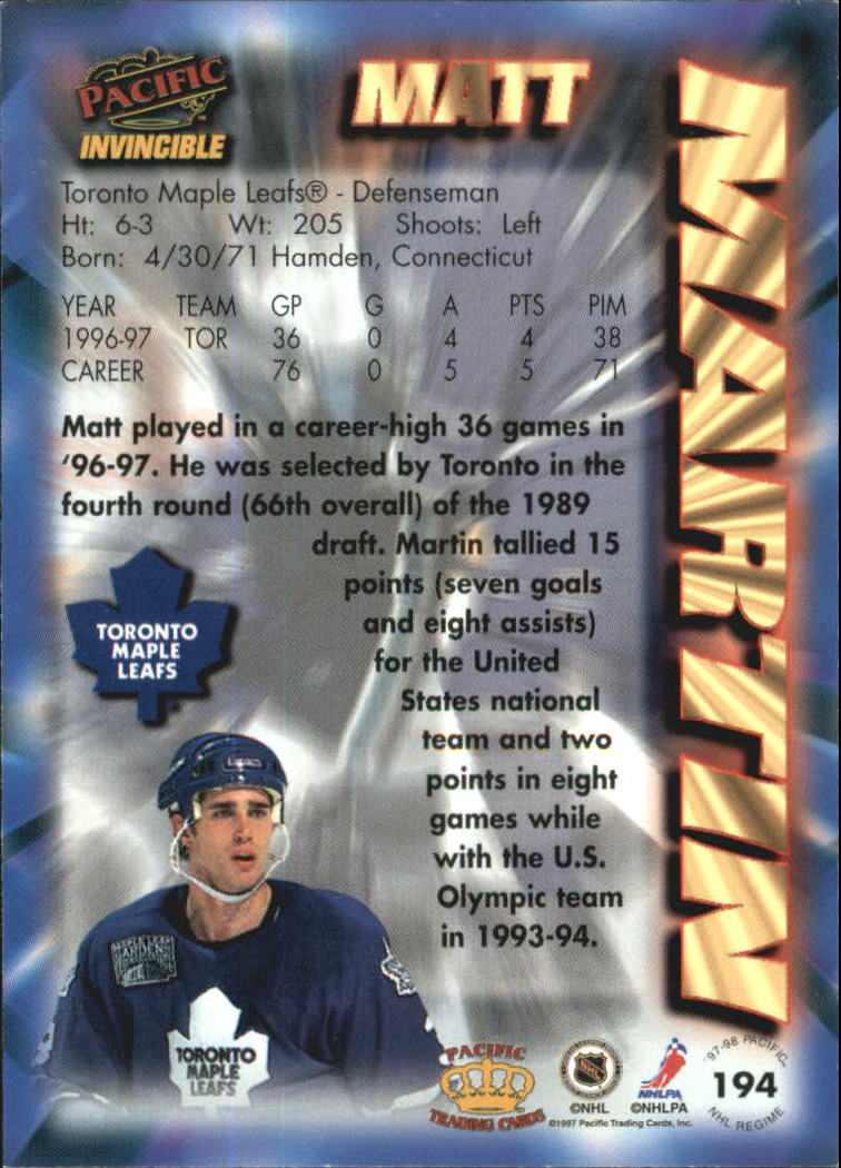1997-98 Pacific Invincible NHL Regime #194 Matt Martin back image