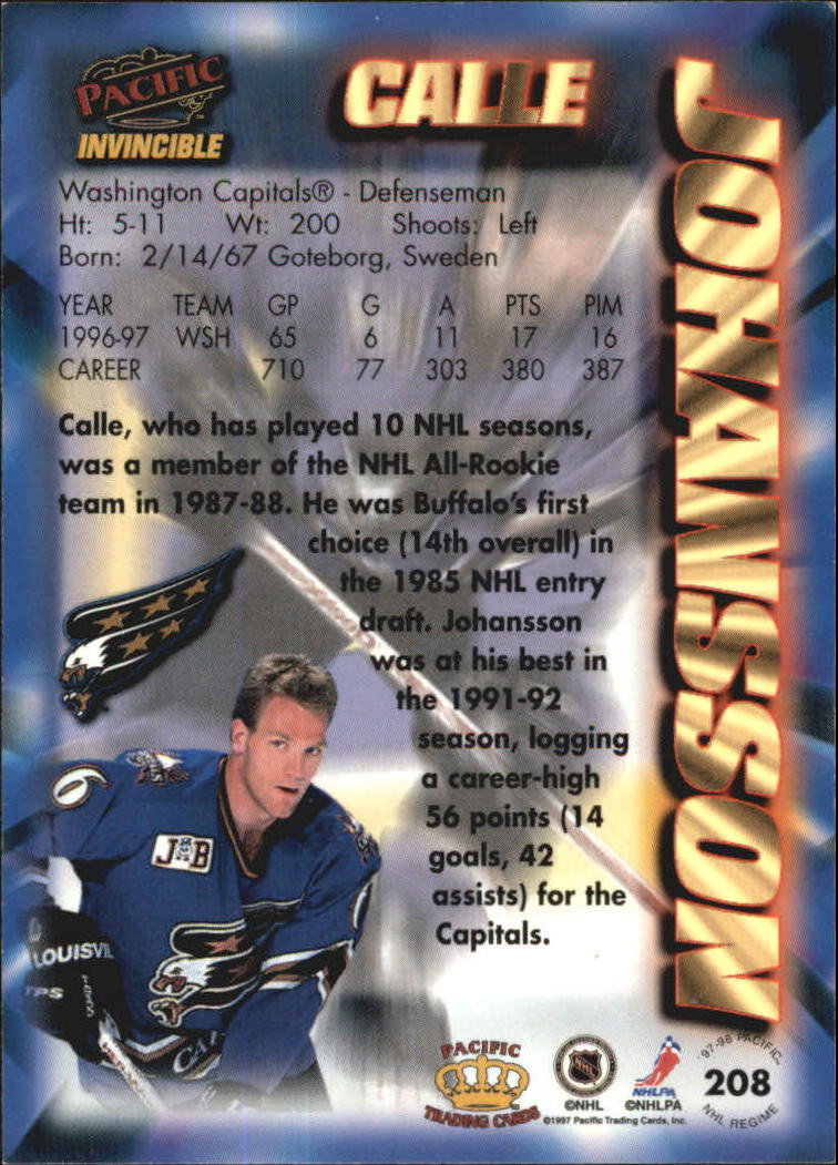 1997-98 Pacific Invincible NHL Regime #208 Calle Johansson back image