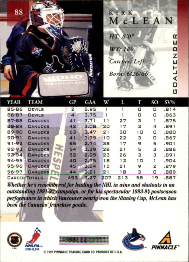1997-98 Pinnacle #88 Kirk McLean back image