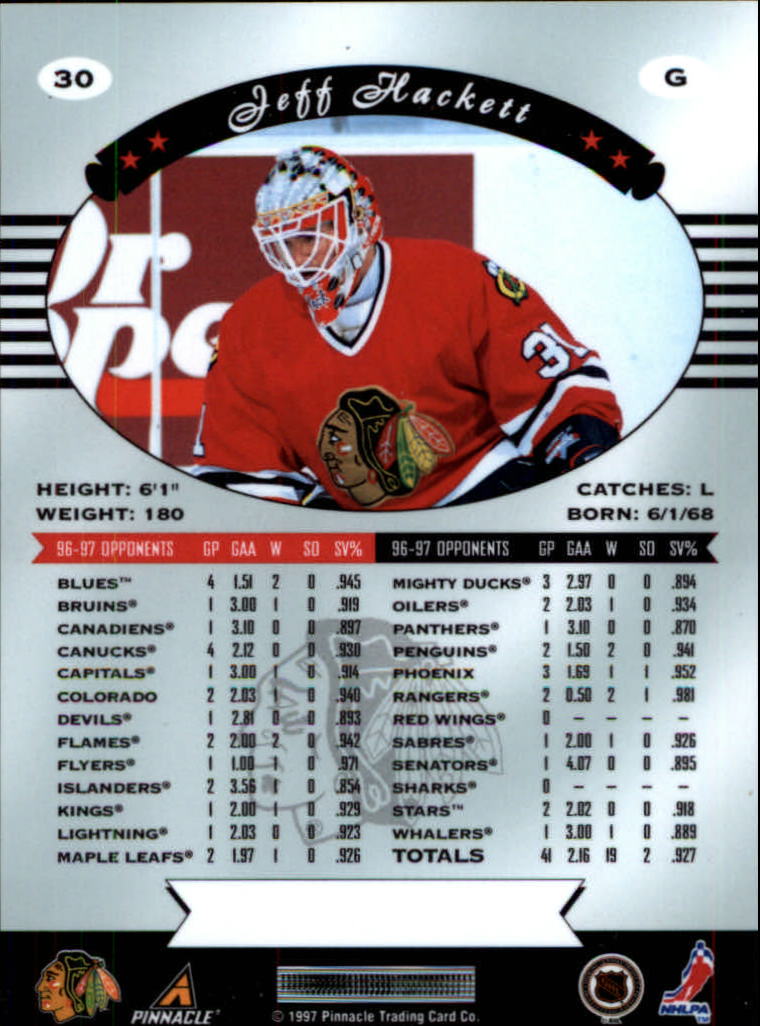Jeff Hackett Hockey Card 1998-99 Finest #86 Jeff Hackett