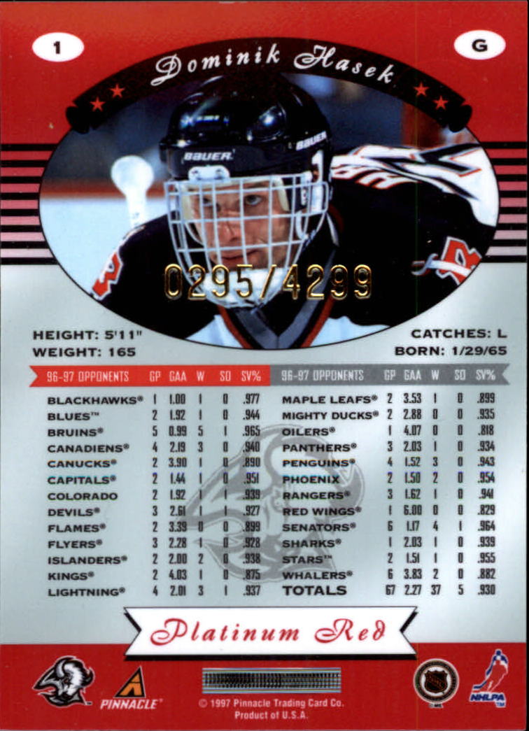 1997-98 Pinnacle Totally Certified Platinum Red #1 Dominik Hasek back image