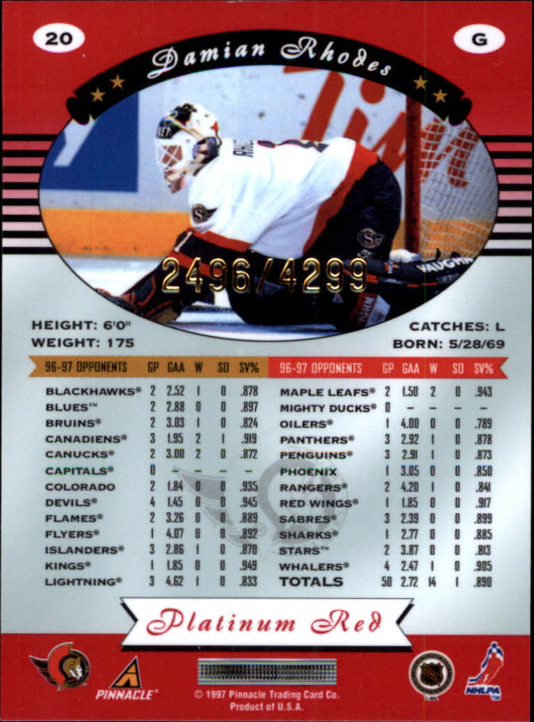 1997-98 Pinnacle Totally Certified Platinum Red #20 Damian Rhodes back image