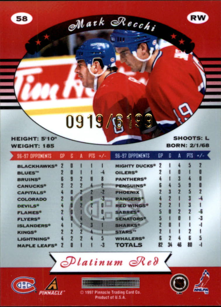 1997-98 Pinnacle Totally Certified Platinum Red #58 Mark Recchi back image