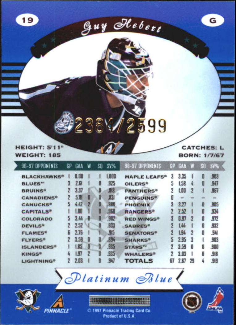 1997-98 Pinnacle Totally Certified Platinum Blue #19 Guy Hebert back image