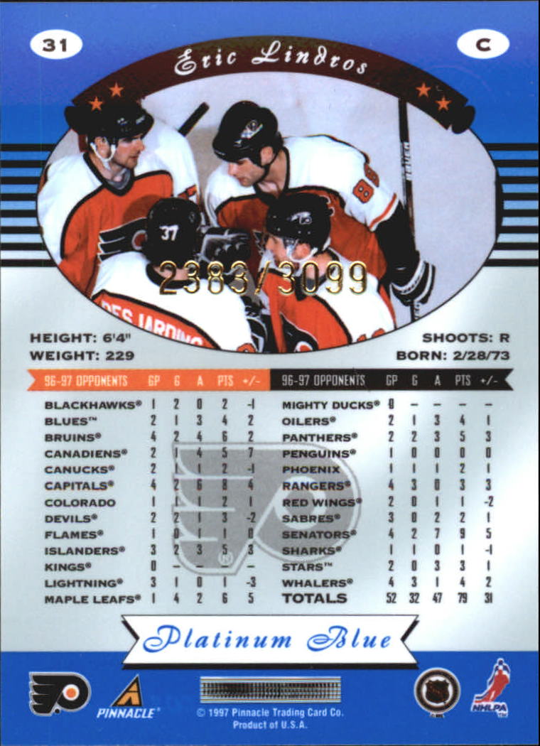1997-98 Pinnacle Totally Certified Platinum Blue #31 Eric Lindros back image