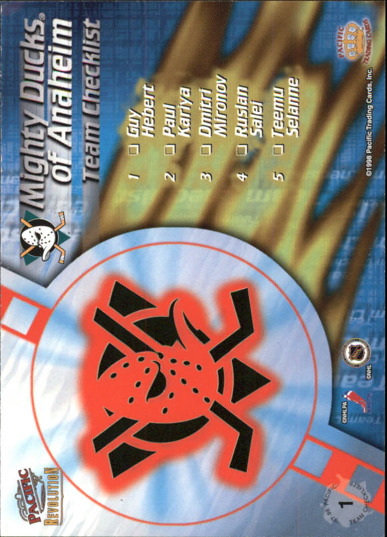 1997-98 Revolution Team Checklist Laser Cuts #1 Paul Kariya back image